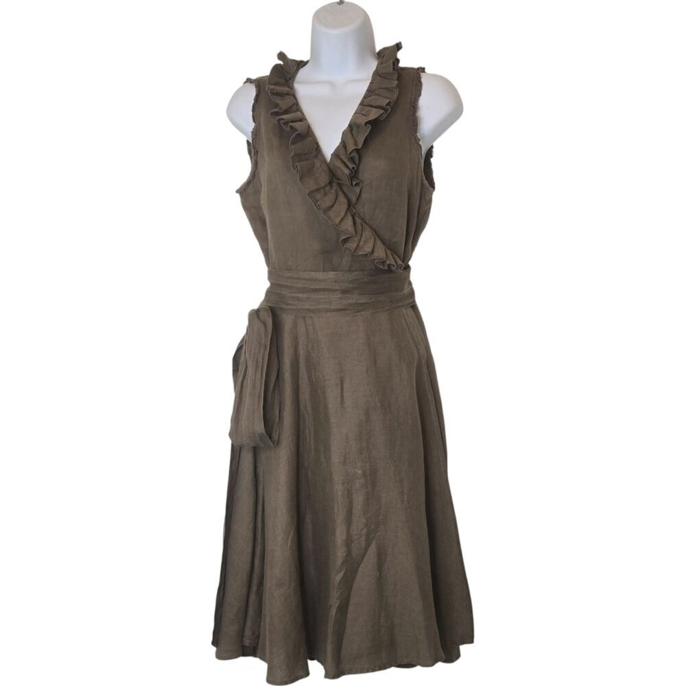 ZARA Woman Linen Midi Wrap Dress L Ruffle V Neck Sleeveless Brown Summer